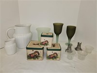 Ceramic Pitcher, Hedgehog Tins, Green Glass Vase