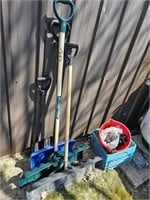 LOT 4 SNOW SHOVELS,  MILK CRATE WITH ROPE, PAIL