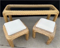Wicker Style Wood Sofa Table + Matching Ottomans