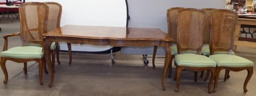 Vintage Dining Room Table & Six Caned-Back Chairs