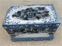 Blue Floral Painted Wood Storage Trunk