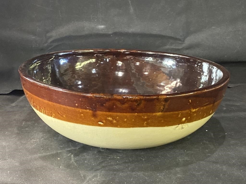 VTG 15" Brown & Tan Stoneware Serving Bowl