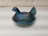 Blue Carnival Glass Hen on Nest Covered Dish