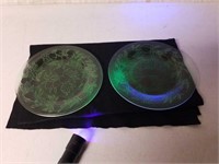 2 Uranium Glass Plates. Fruit Pattern