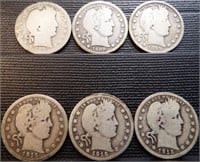 (6) 90% Silver Barber Quarters - Coins