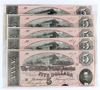 (5) x CONSECUTIVE 1864 $5 CONFEDERATE STATES NOTES