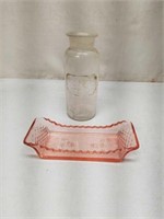 Pink Depression Glass Tray + Glass Apothecary Jar