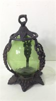 Cast Iron Green Glass Tabletop Candle Lantern U7A