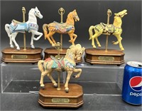 4 Porcelain Musical Carousel Horses w Wood Bases