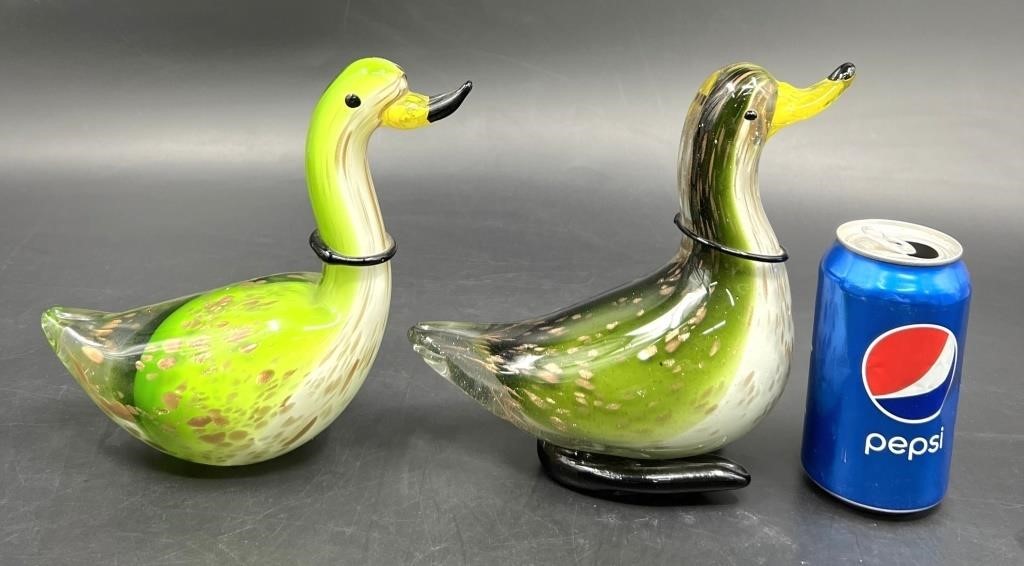 Pair Vintage Murano Hand Blown Glass Ducks