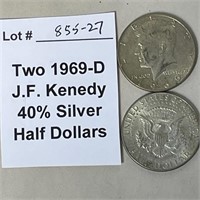Two 1969-D JFK 40% Silver Half Dollars