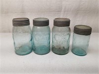 Aqua Blue Glass Crown Fruit Jars w Zinc Lids