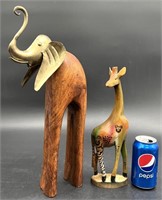 2 Hand Carved Wood Animals - Elephant, Giraffe