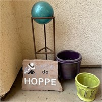 Small Gazing Ball, 2 Planters + Painted Flag Stone