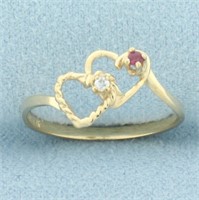 Ruby and Diamond Double Heart Ring in 10k Yellow G