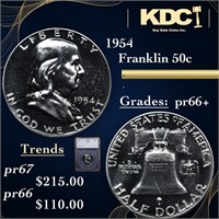 Proof 1954 Franklin Half Dollar 50c Graded pr66+ B