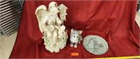 Ceramic angel, and cat figurines and stepping