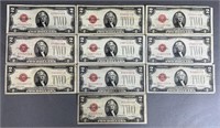 10pc 1928 Series $2 Legal Tender Notes Red Seal