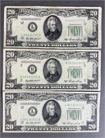 3pc 1950 A $20.00 Federal Reserve Notes