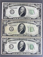 3pc 1934A $10.00 Federal Reserve Notes