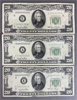 3pc 1950 $20.00 Federal Reserve Notes