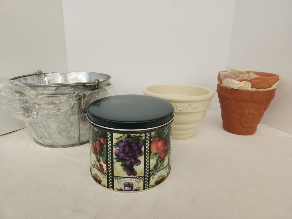 Assorted Planting Pots, Pails and Tin