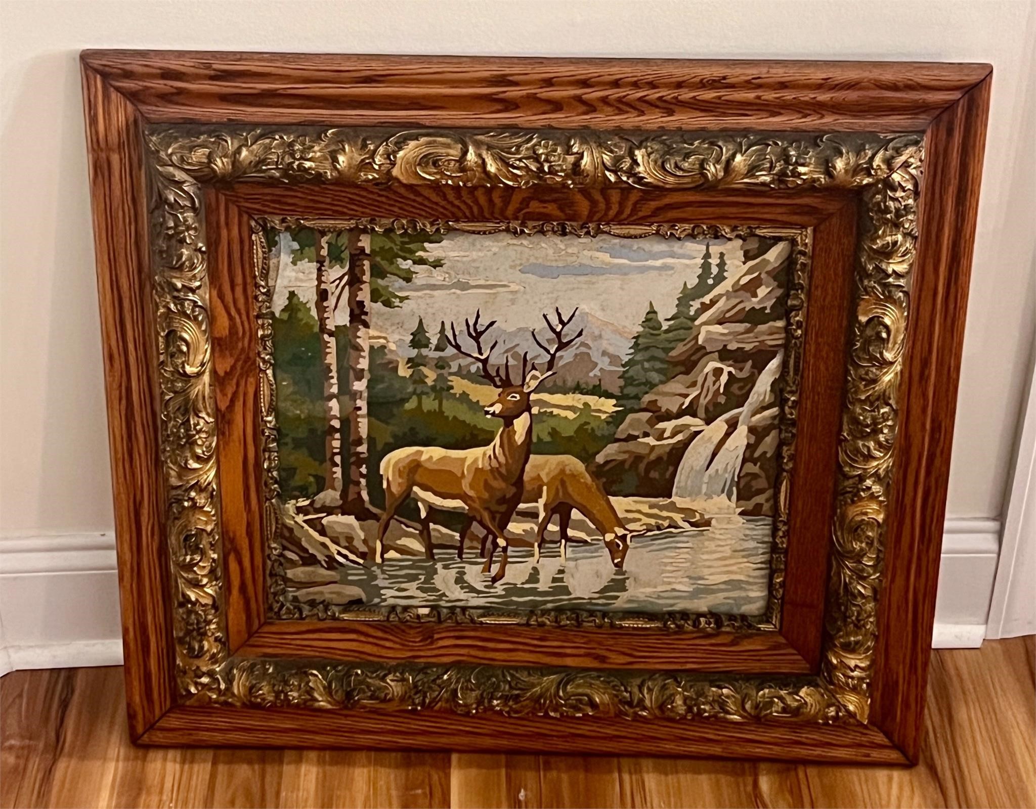 1960s framed paint by number deer broken glass
