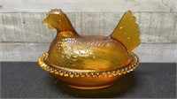 Vintage Amber Glass Hen On Nest 8" Long X 6" High