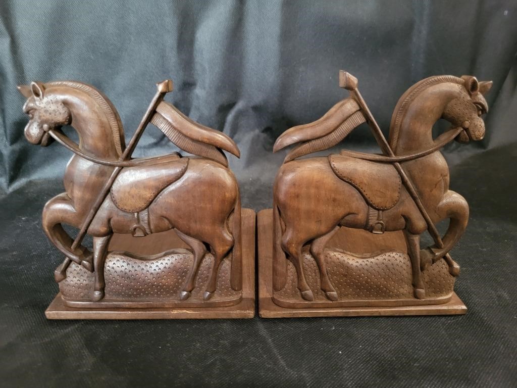 VTG Horses w/ Flags Wooden Book Ends