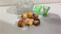 Uranium Glass, Crystal Bowl & Marble Fruit T7E