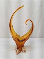Large Amber Art Glass Hand Made Stretch Vase