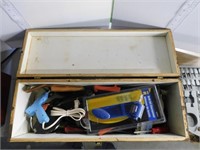 WOOD TOOL BOX WITH CONTENTS - TAPE, RIVETER,