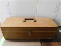 WOOD TOOL BOX WITH PIPE WRENCHES