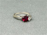 Sterling red & clear stone heart shape ring