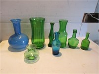 ASSORTED GREEN AND BLUE GLASS VASES