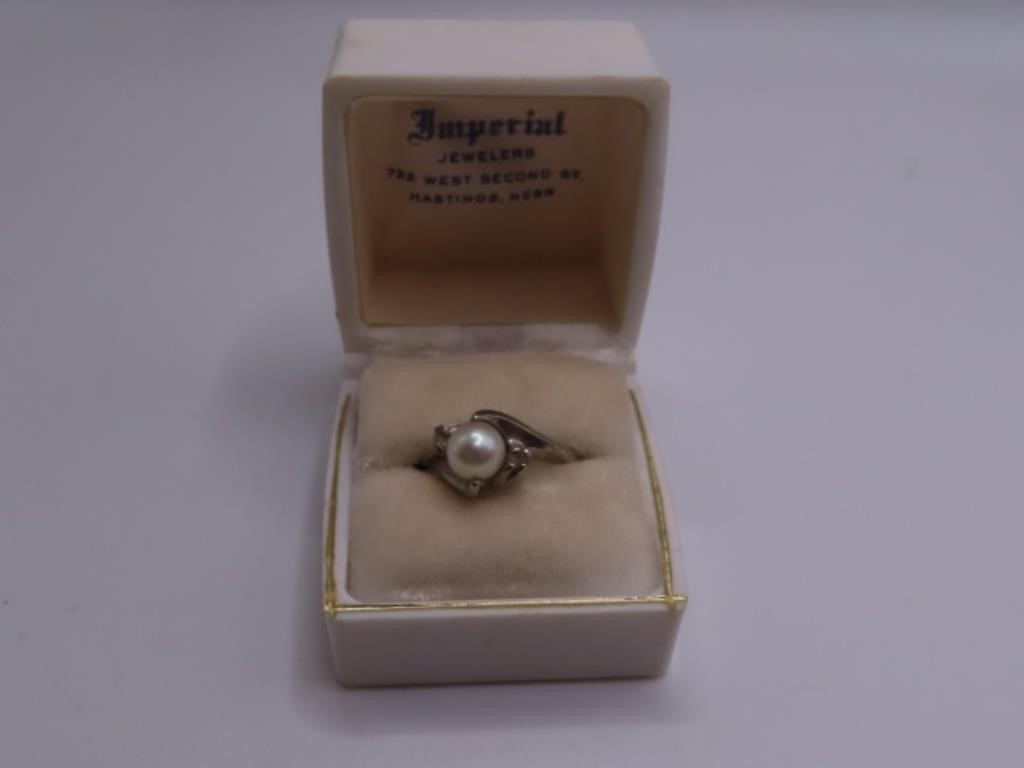 vintage 10kt White Gold sz5.5 Ring Pearl diamnd 3g