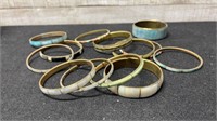 13 Vintage Brass Bangles Bracelets With Inlaid Aba