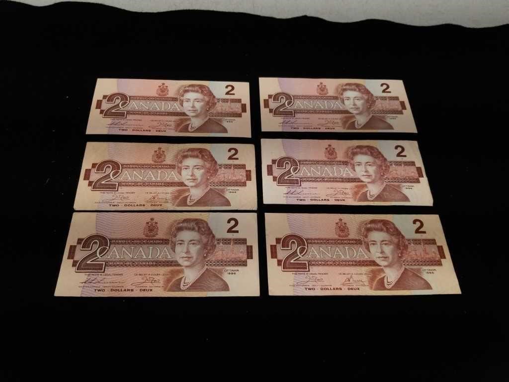 1986 Canadian Two Dollar Bills Banknotes