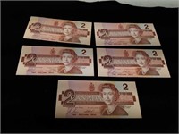 5 Canadian Two Dollar Currency Bills