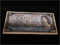 1954 Canadian 5 Dollar Paper Money Bill
