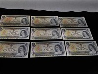 9 Canadian One Dollar Paper Money Bills