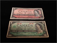 1954 & 1967 Canadian One and Two Dollar Bills