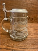 Vintage Etched Glass Beer Stein w/ Metal Lid