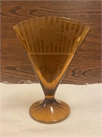 Vintage Mid Century Amber Etched Glass Fan Vase