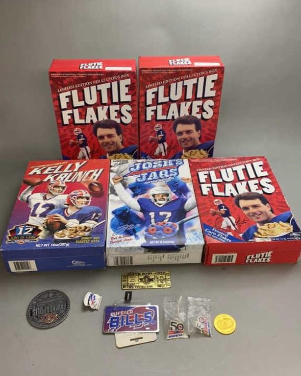 Lot of Buffalo Bills Signed Cereal and Pins