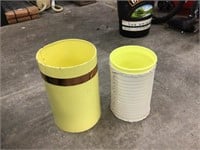 2 vintage garbage cans metal and wicker