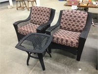 2 outdoor chairs w/ cushions and  side table