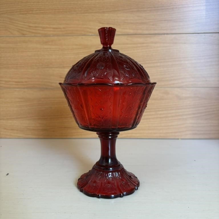 Vintage Fenton Ruby Red Daisy Covered Candy Dish
