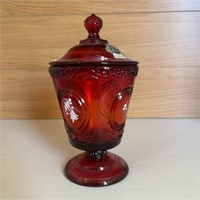 Vintage Fenton Ruby Red Compote w/ Frosted Leaf