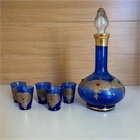 Vintage Italian Blue Gilt Glass Decanter Set - 5